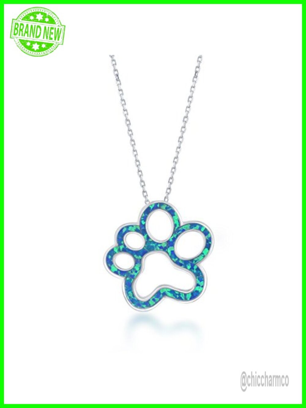 Paw Print Necklace in 925 Sterling Silver with Created Opal 18 Inch Chain